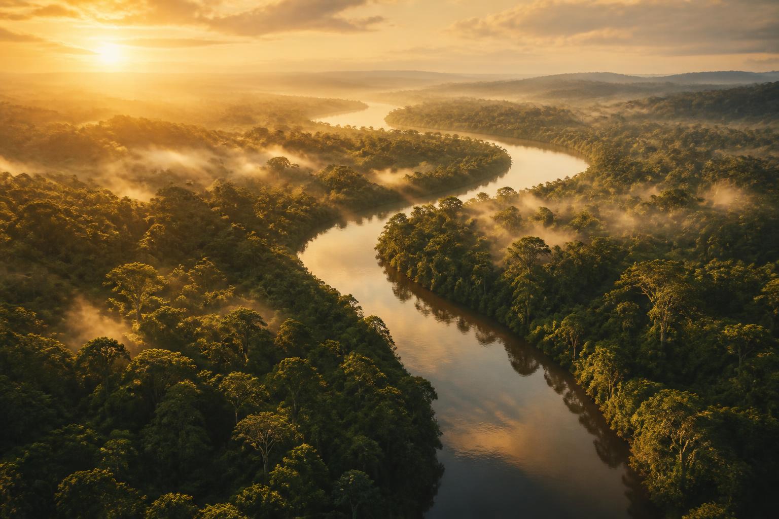 Amazon rainforest river at sunrise in Suriname